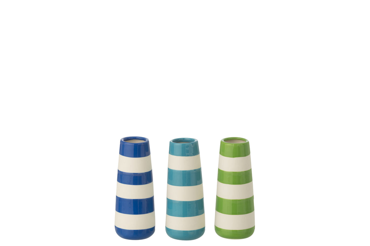 J-Line vaas Gestreept - porselein - groen/blauw - small - set van 3