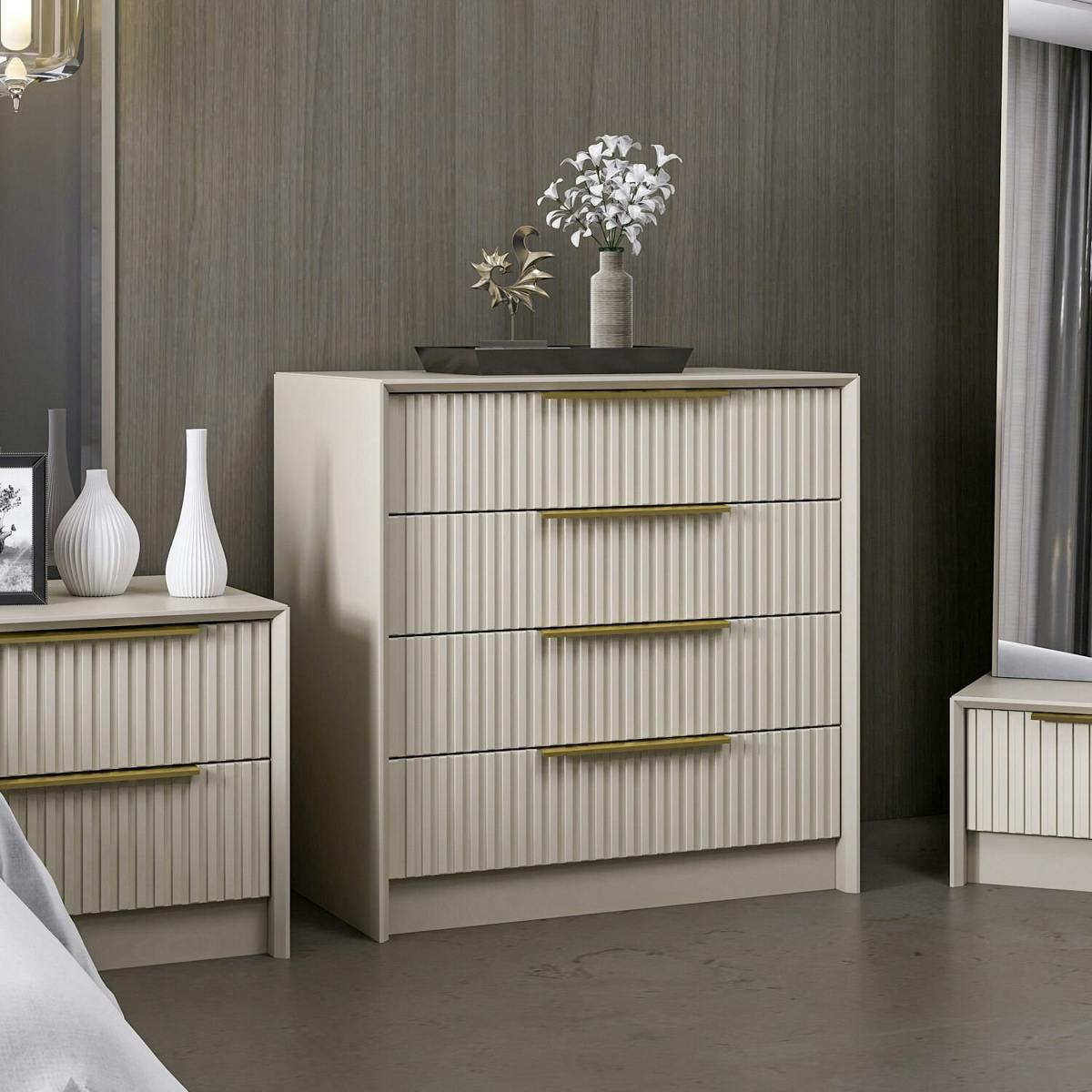 Commode moderne 4 tiroirs beige, façade rainurée BYRON