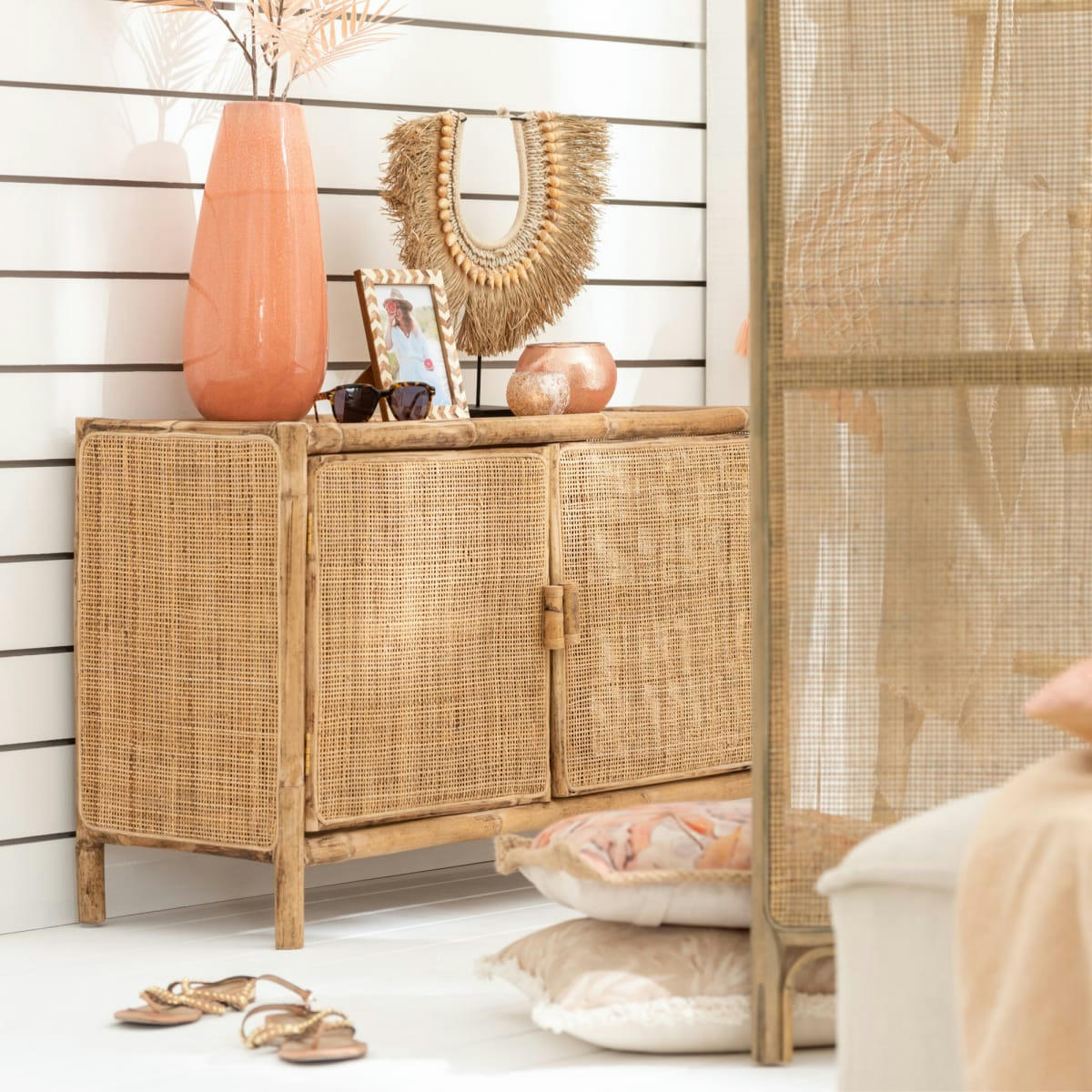 OZARA - Buffet bas 2 portes 100cm en rotin