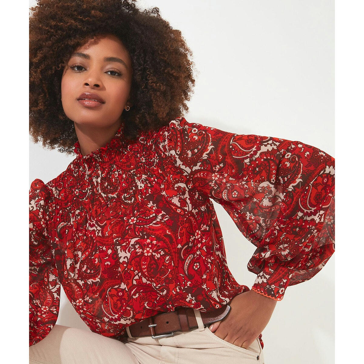Blouse imprimée à manches longues col montant