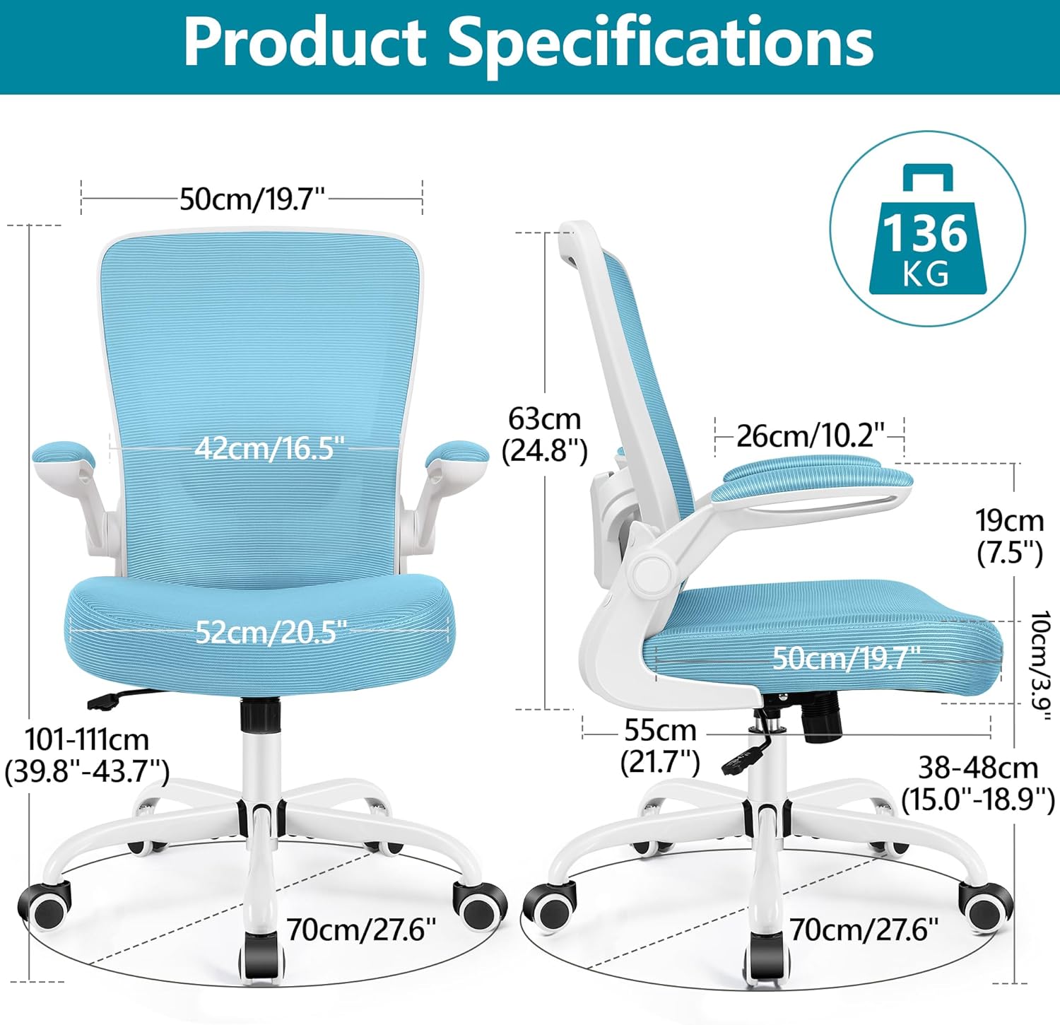 FelixKing Office Chair, Ergonomic Desk Chair Breathable Mesh Chairs Adjustable High Back Lumbar Support Flip-up Armrests, Executive Rolling Swivel Comfy Computer Chairs Home Office Blue
