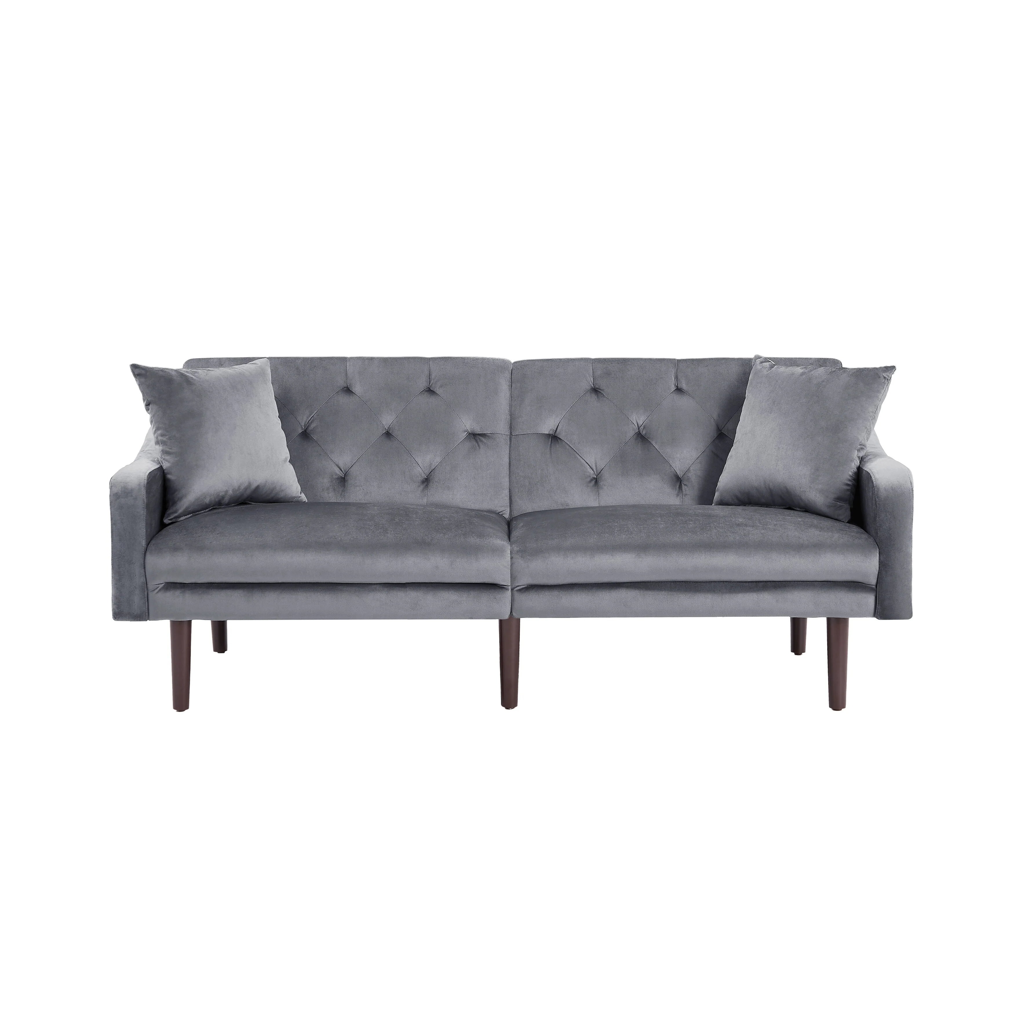 Dark Grey 71 Velvet 3-seater Sofa Bed with Two Throw Pillows and Solid Wood Frame for Living Room