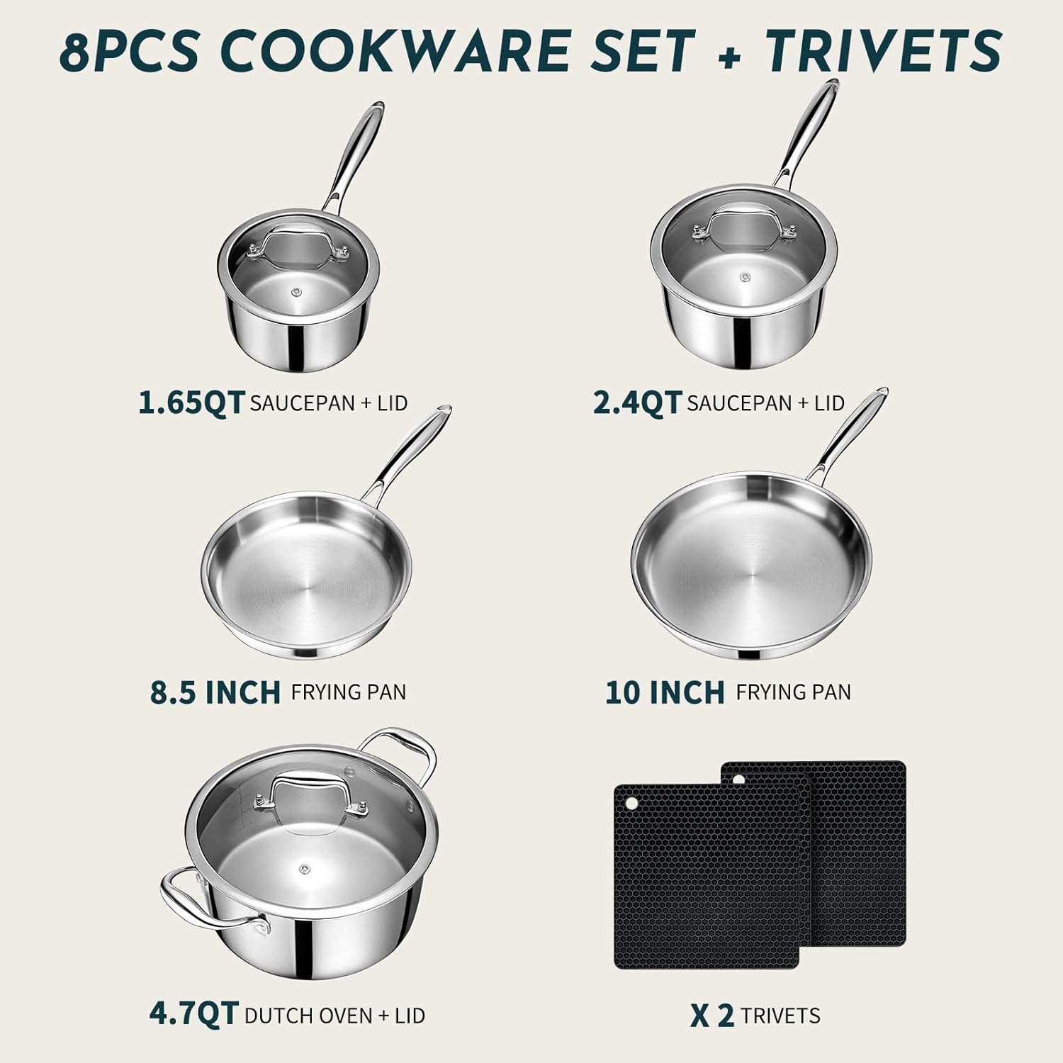 3 Ply Stainless Steel Cookware Set, AIVIKI 10-Pieces Pots and Pans Set, Induction Kitchen Cookware Set, Oven Safe to 500℉, Chef Quality Cooking Set w/Fry Pans, Saucepans, Dutch Oven, Kitchen Essential