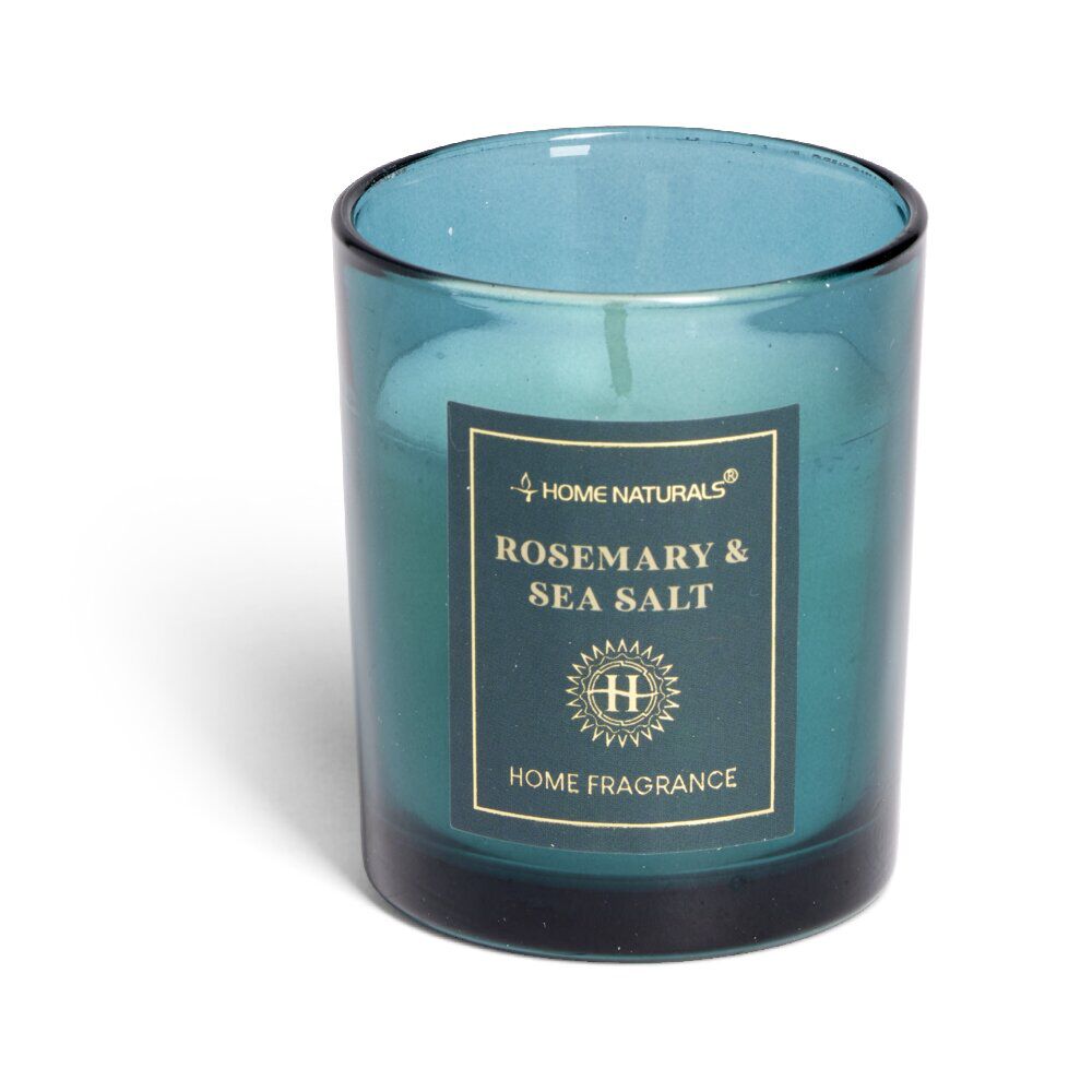 Bougie senteur romarin et sel marin dans pot en verre Ø6,4xH7,9cm bleu