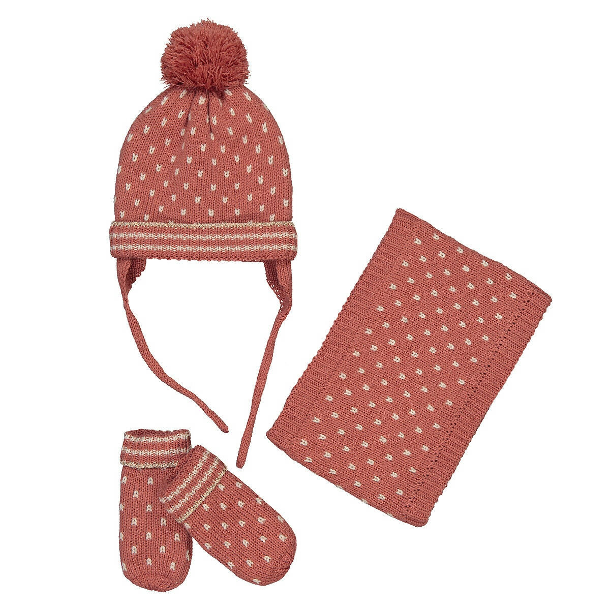 Ensemble bonnet pompom + snood + moufles brillants
