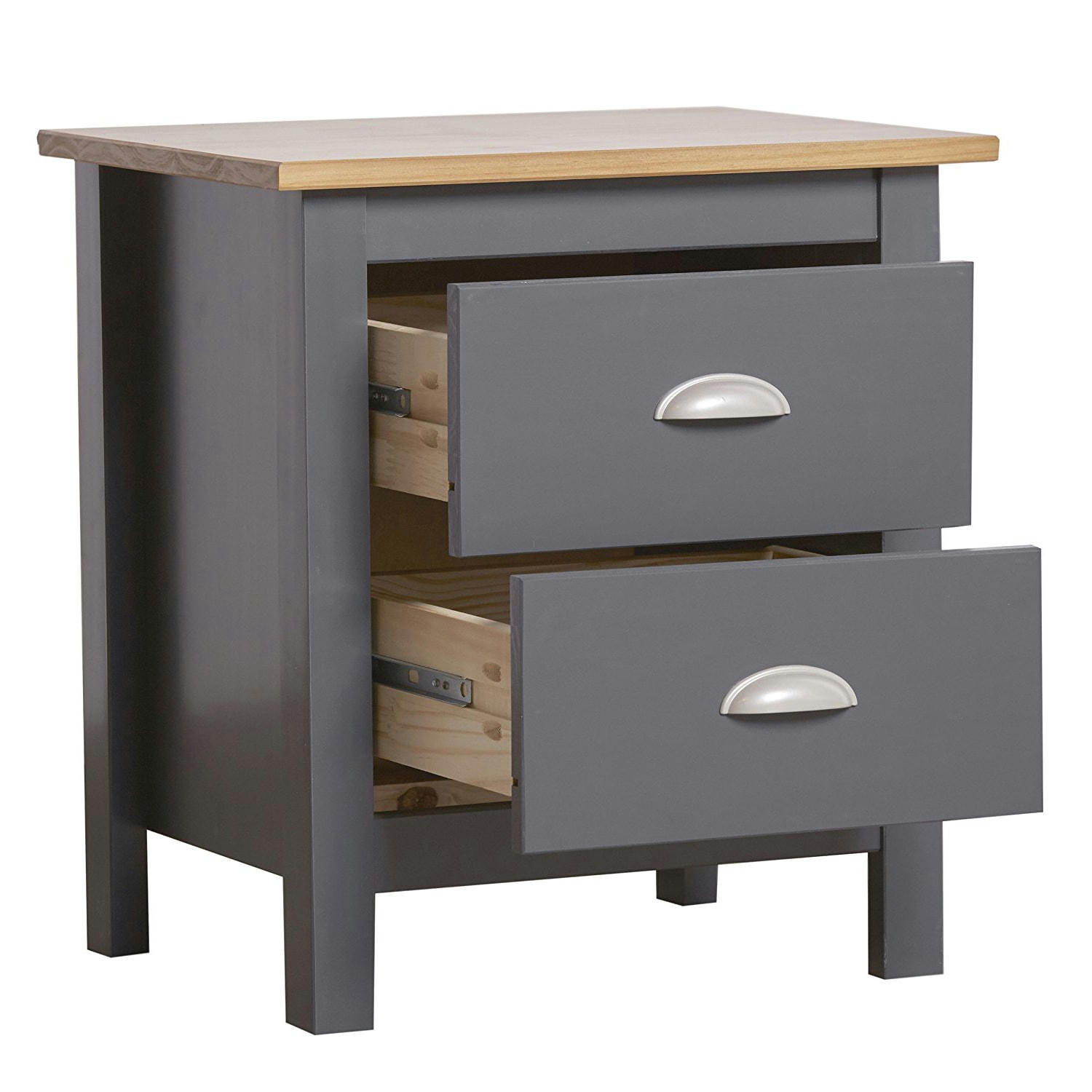 JADE - Table de chevet 2 tiroirs gris/chêne, fabriqué en bois de pin massif