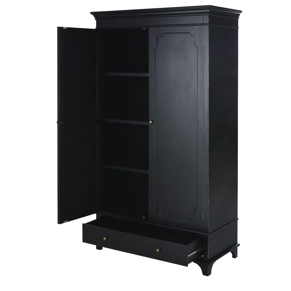 Selena - Armoire 2 portes 1 tiroir noir charbon et métal coloris laiton