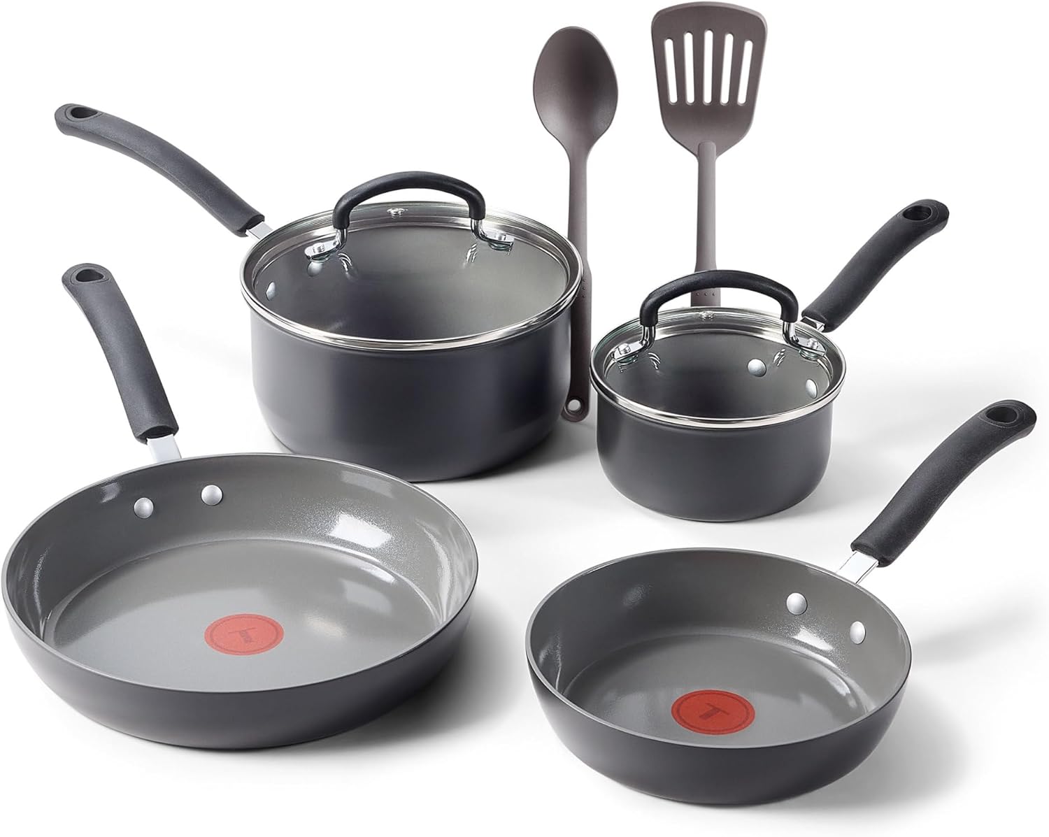 T-Fal Ultimate Hard Anodized Ceramic Nonstick 8 Piece Cookware Set, Oven Safe Up to 400°F, Dishwasher Safe, Pots and Pans Set, Includes Frying Pans, Saucepan, Cooking Utensils, Stone