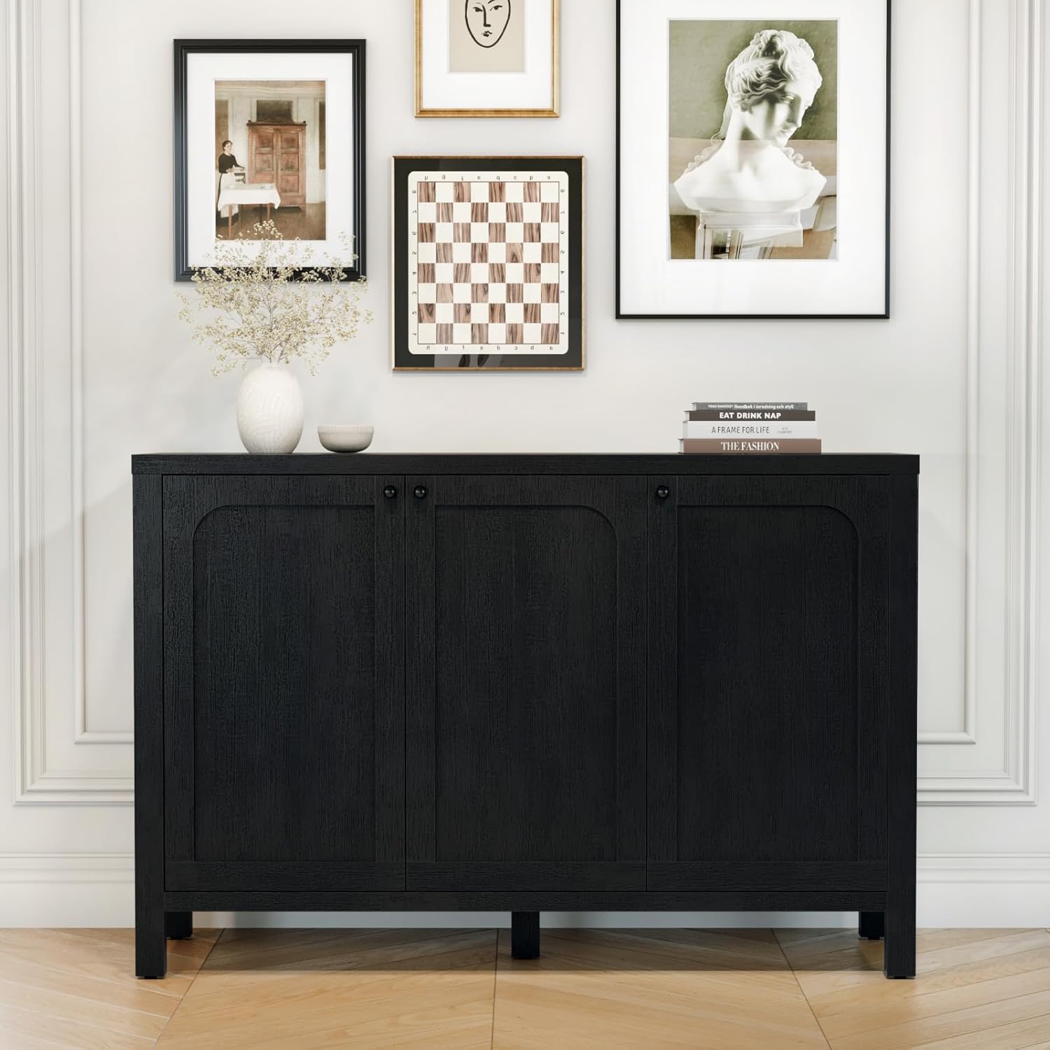 47 Black Sideboard Buffet Cabinet with Storage Modern Credenza with Doors Heavy Duty Wood TV Media Console Table Accent Cabinet for Living Room Hallway Entryway