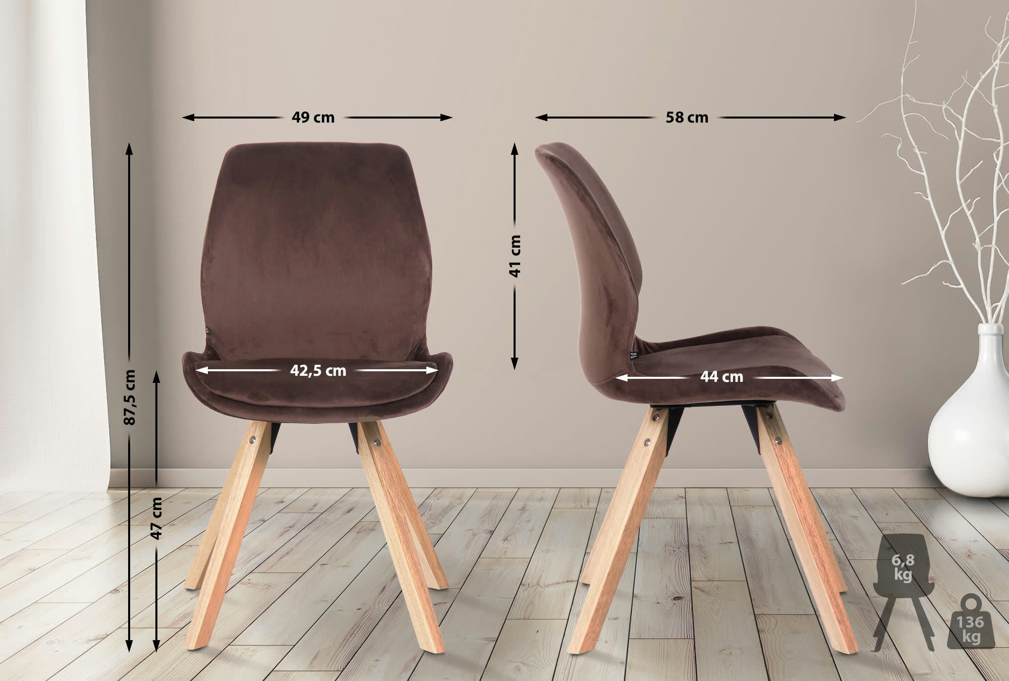 LUNA - Chaise avec pieds en bois en velours Marron