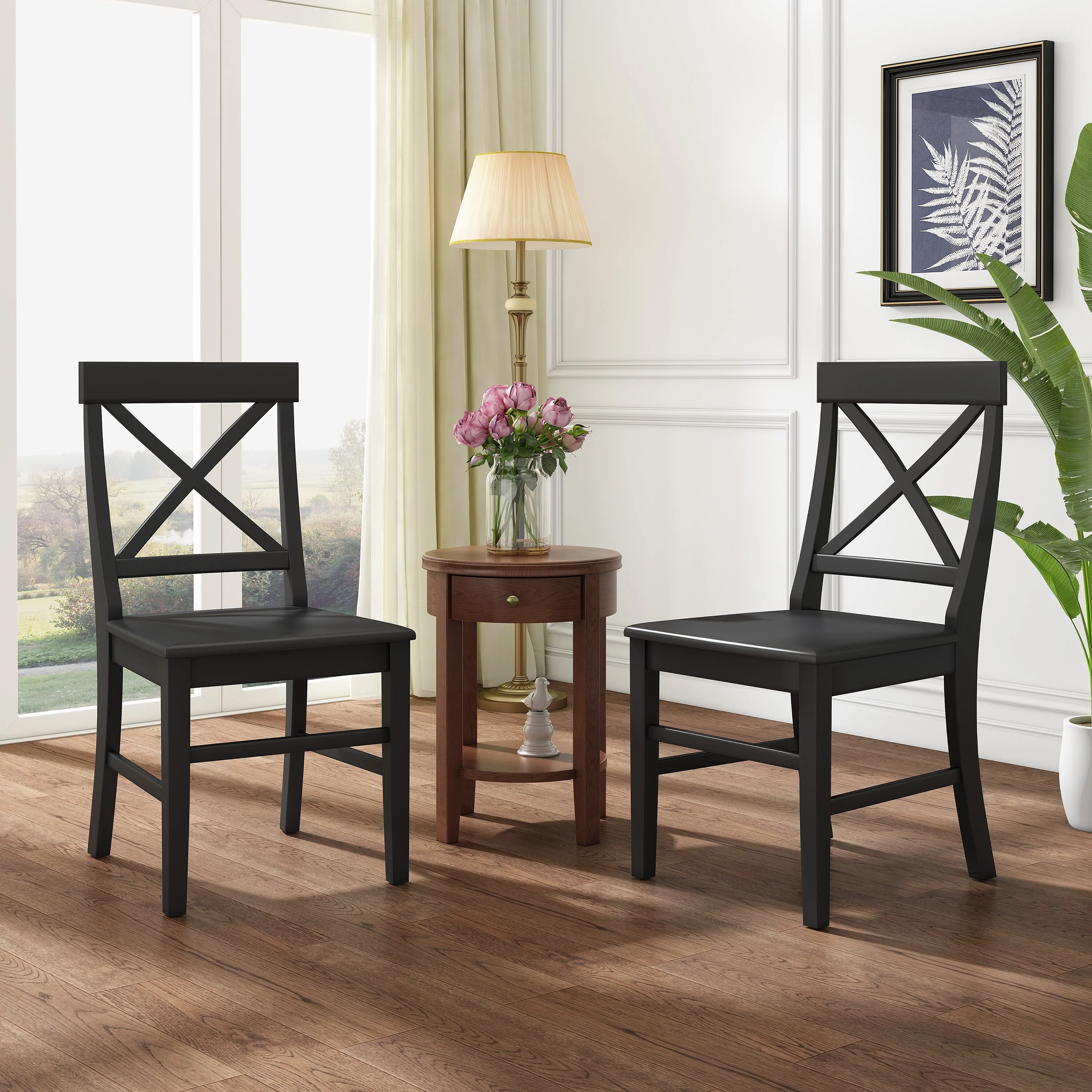 Set of 2 Farmhouse Acacia Wood Dining Chairs - Rustic X-Back Wooden Chairs for Kitchen & Dining Room