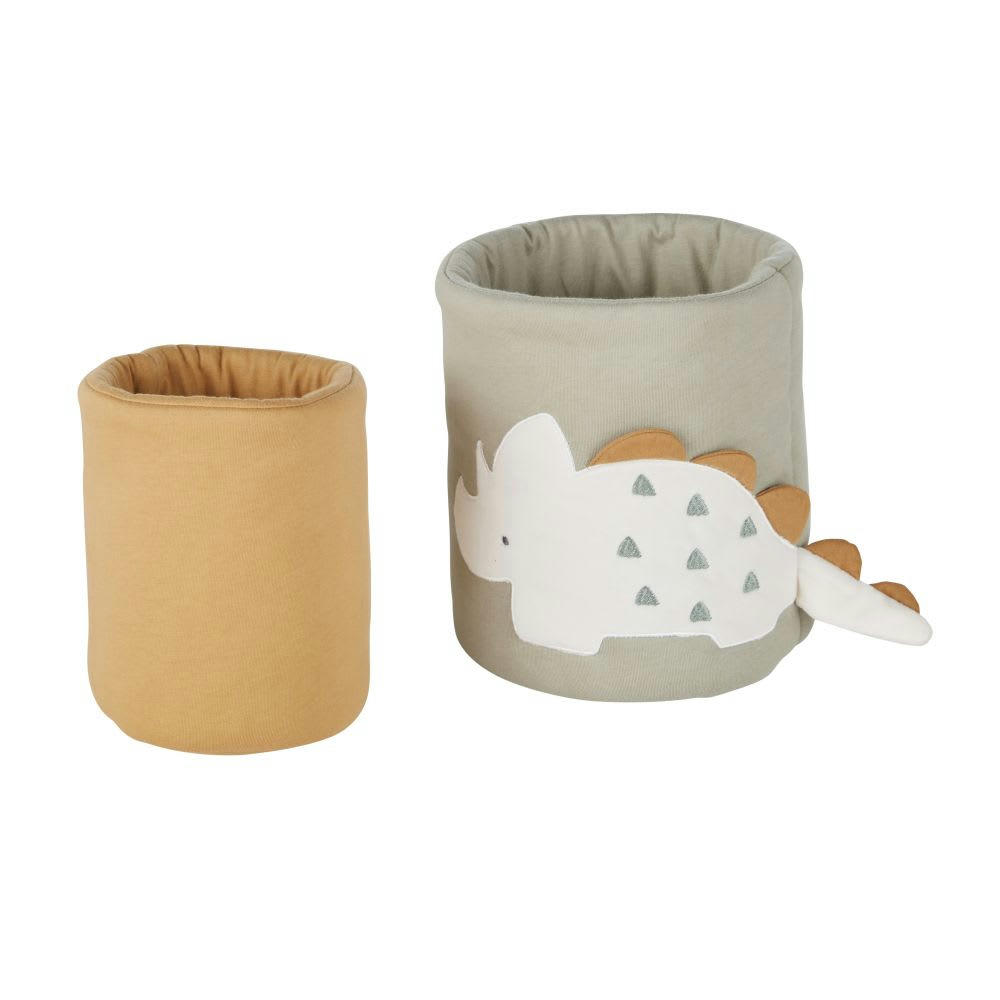 YUMA - Paniers de rangement en coton biologique dinosaure vert sauge et marron (x2)