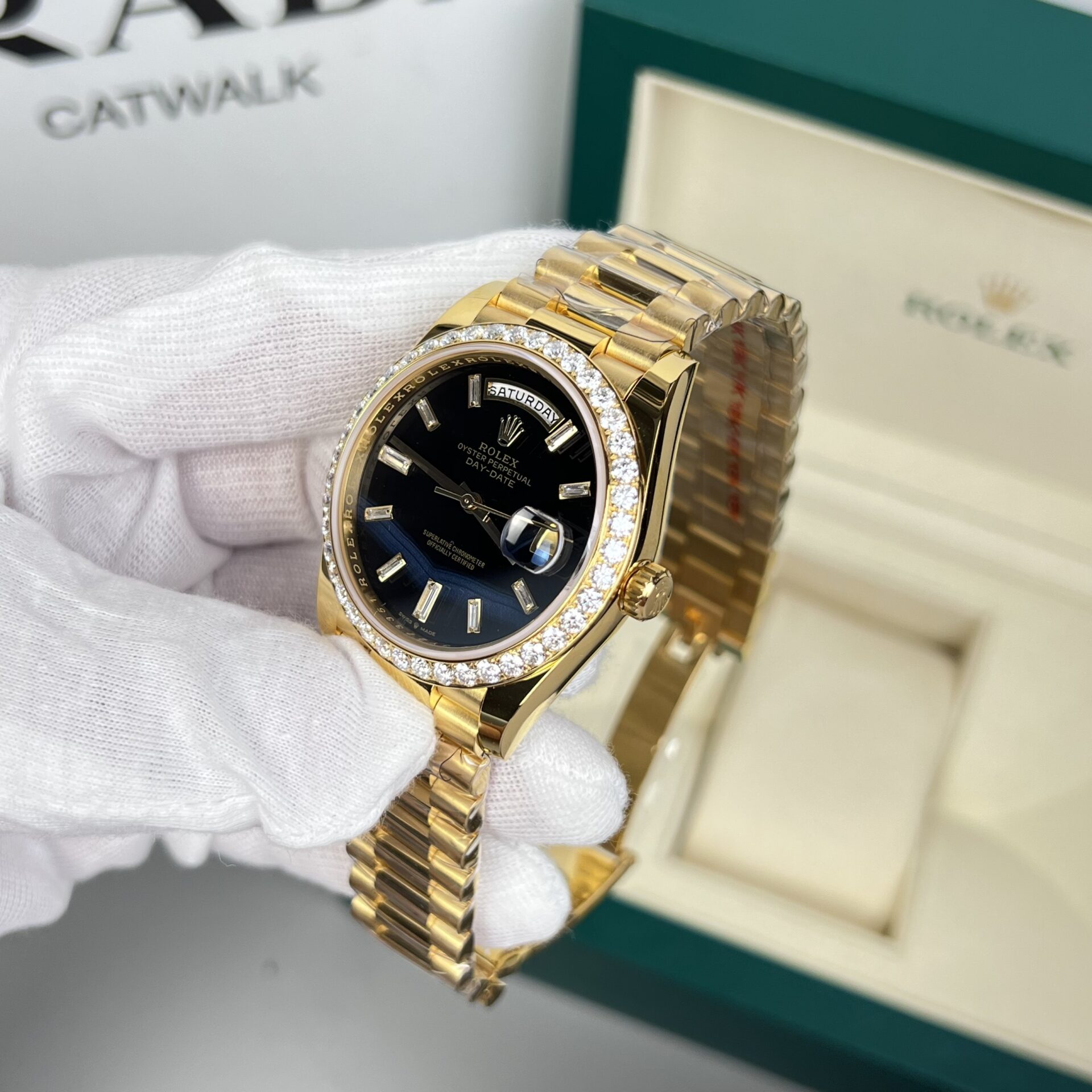 Rolex Day-Date 228348RBR YG Plated Black Dial CZ Diamonds 40mm Super Clone