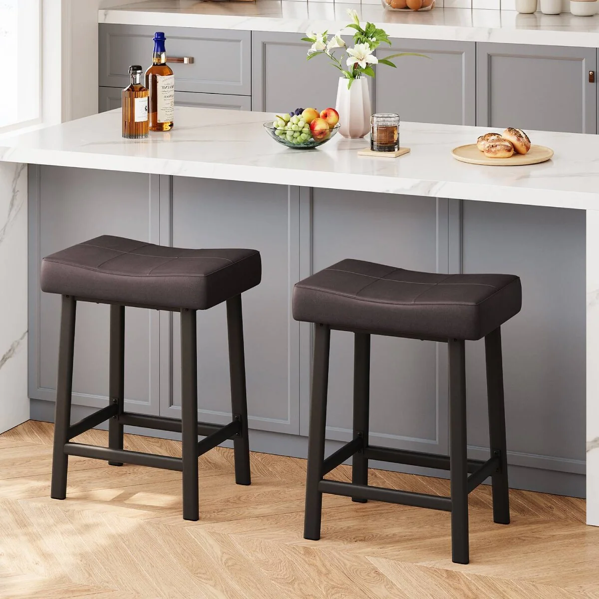 Backless Saddle Bar stools with Upholstered Padded Seat - N/A