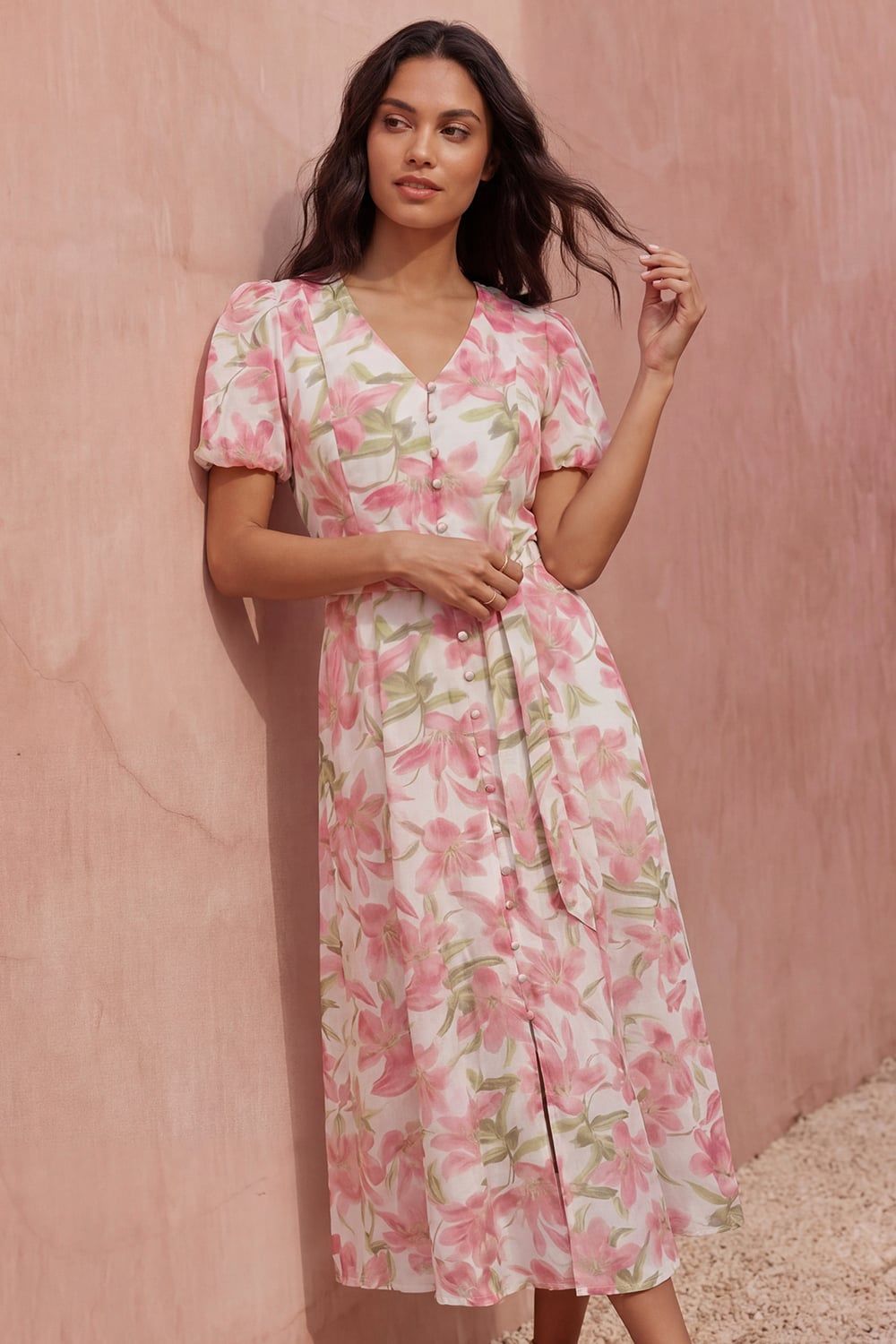 Roman Floral Print Puff Sleeve Midi Dress