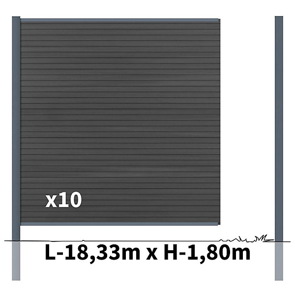 Kit Clôture Bois Composite Ardoise 18x1,8m SANTOS - Poteaux en Aluminium Gris - Brise Vue - Palissade
