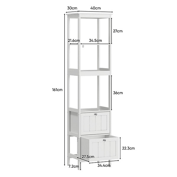 Armoire haute étroite blanche, meuble salle de bain autoportant avec 2 tiroirs et 3 étagères, colonne de rangement 40x30x160 cm