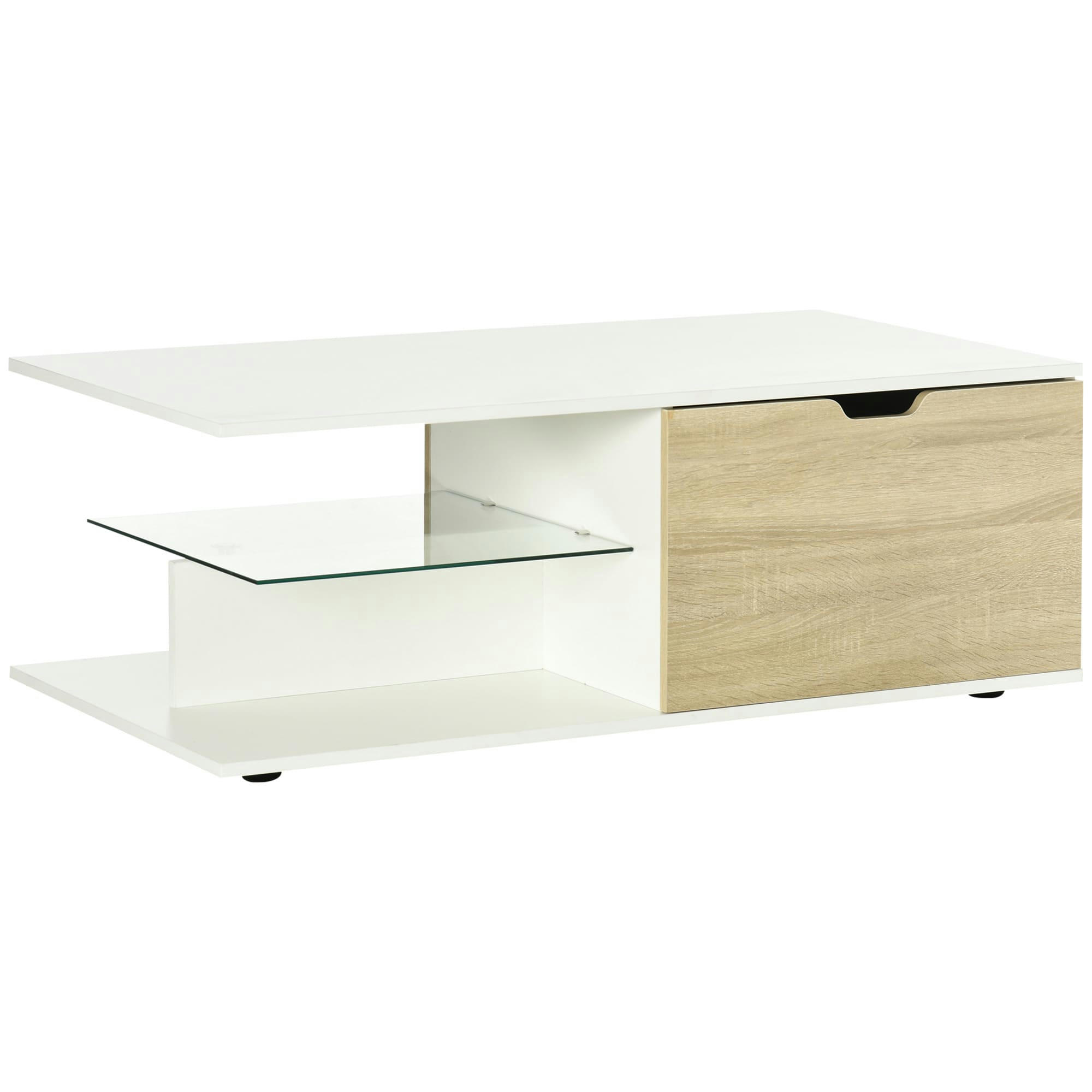 - Table basse 2 tiroirs 2 niches étagère verre blanc aspect chêne clair