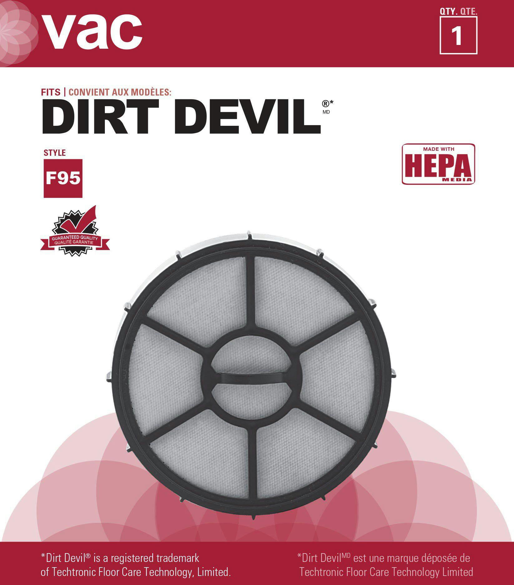 Dirt Devil F95 Hepa Primary Replacement Vacuum Cleaner Filter, 1-pk