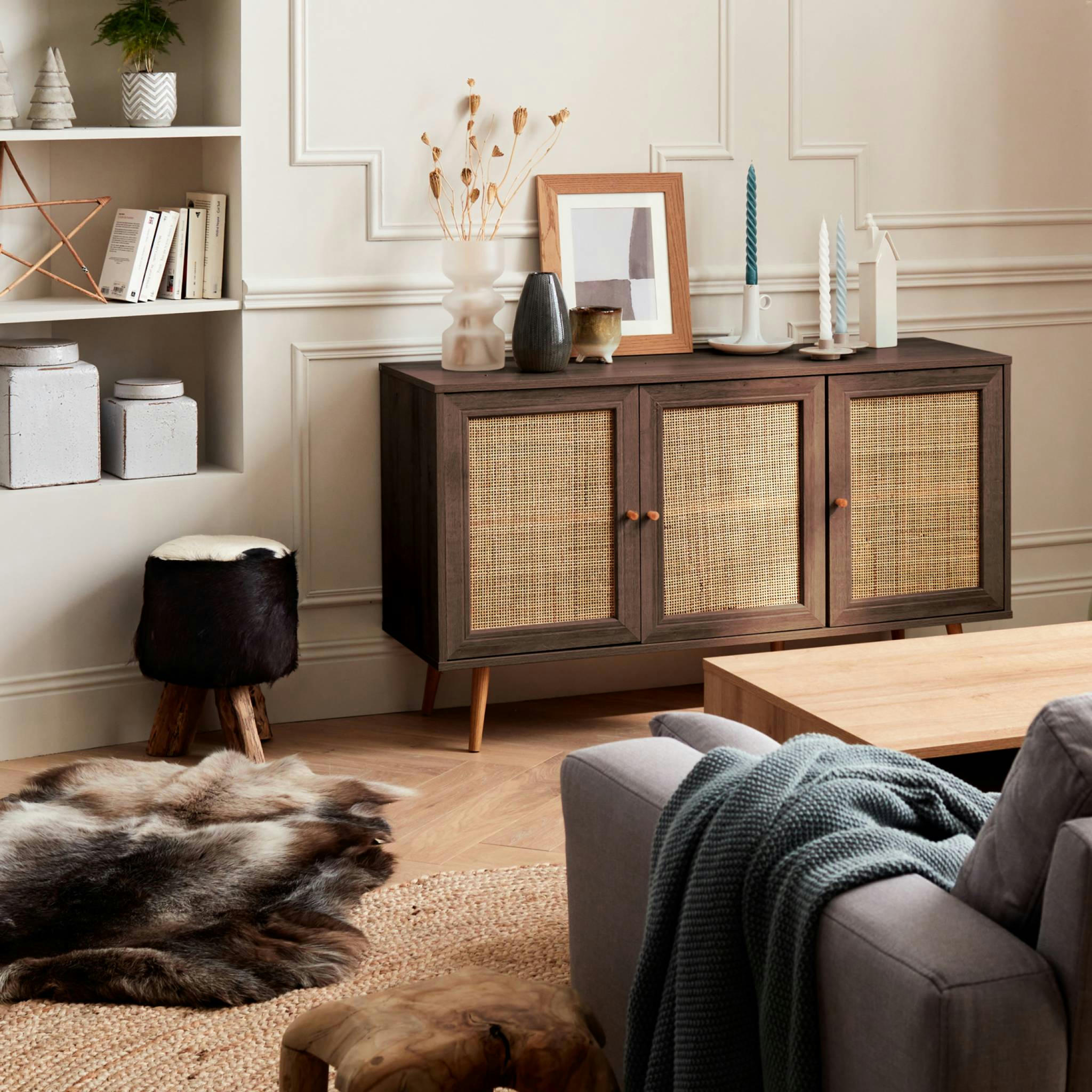 BOHÈME - Buffet de rangement cannage couleur bois foncé - bohème