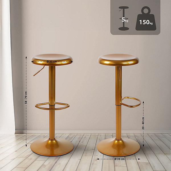 Lot de 2 tabourets de bar réglables Williston, pivotants avec repose-pieds, sans dossier, structure en métal Or