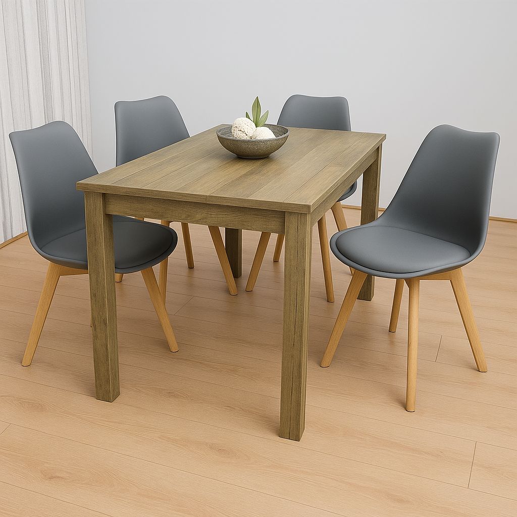 KOSY KOALA Rustic Effect Dining Table Set with 4 Grey Plastic Chairs  Dining Room Furniture Set