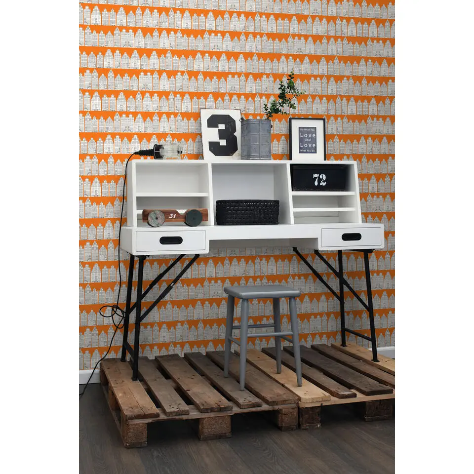 ESTAhome behang Amsterdamse huizen oranje en wit - 53 cm x 10.05 m