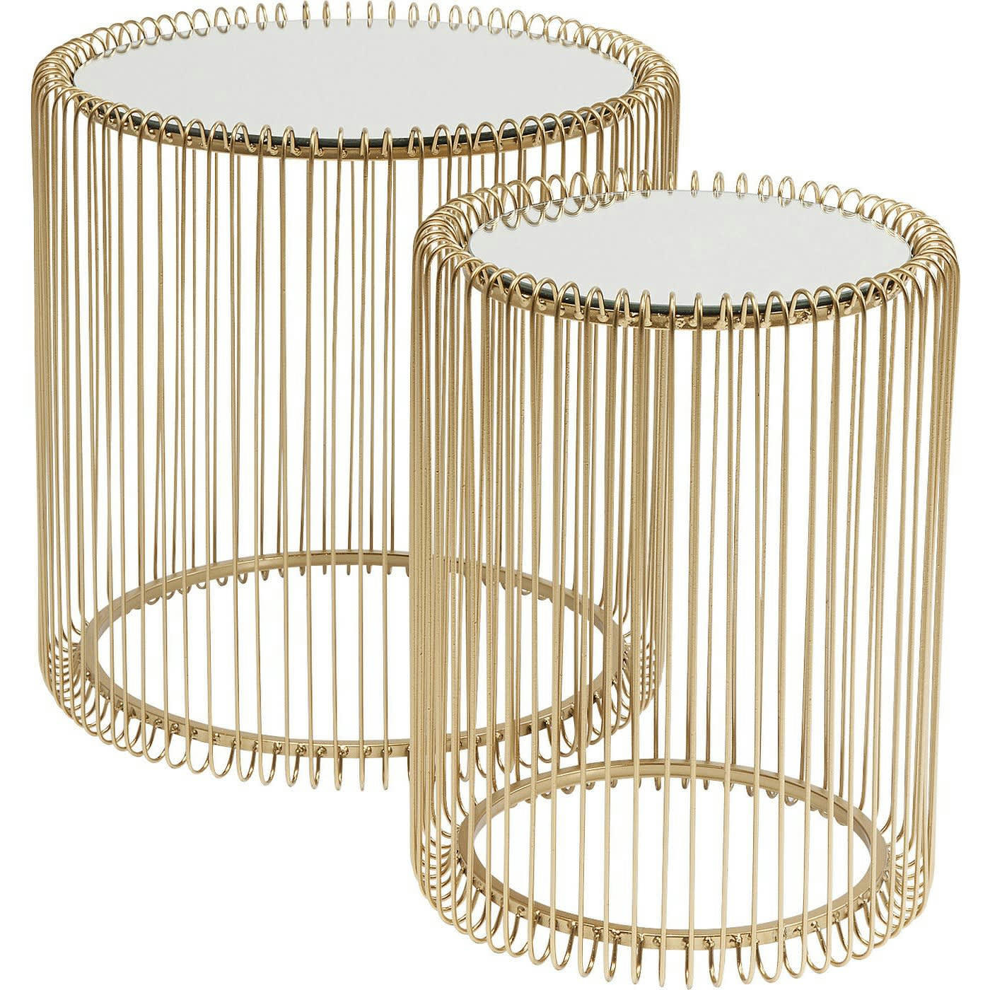 WIRE - 2 tables d'appoint rondes en acier doré et verre miroir