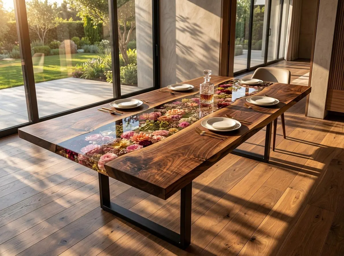 Handmade Floral Epoxy Resin Table with Real Dried Flowers – Luxury Custom River Table, Unique Botanical Wood Furniture, Nature Inspired Home