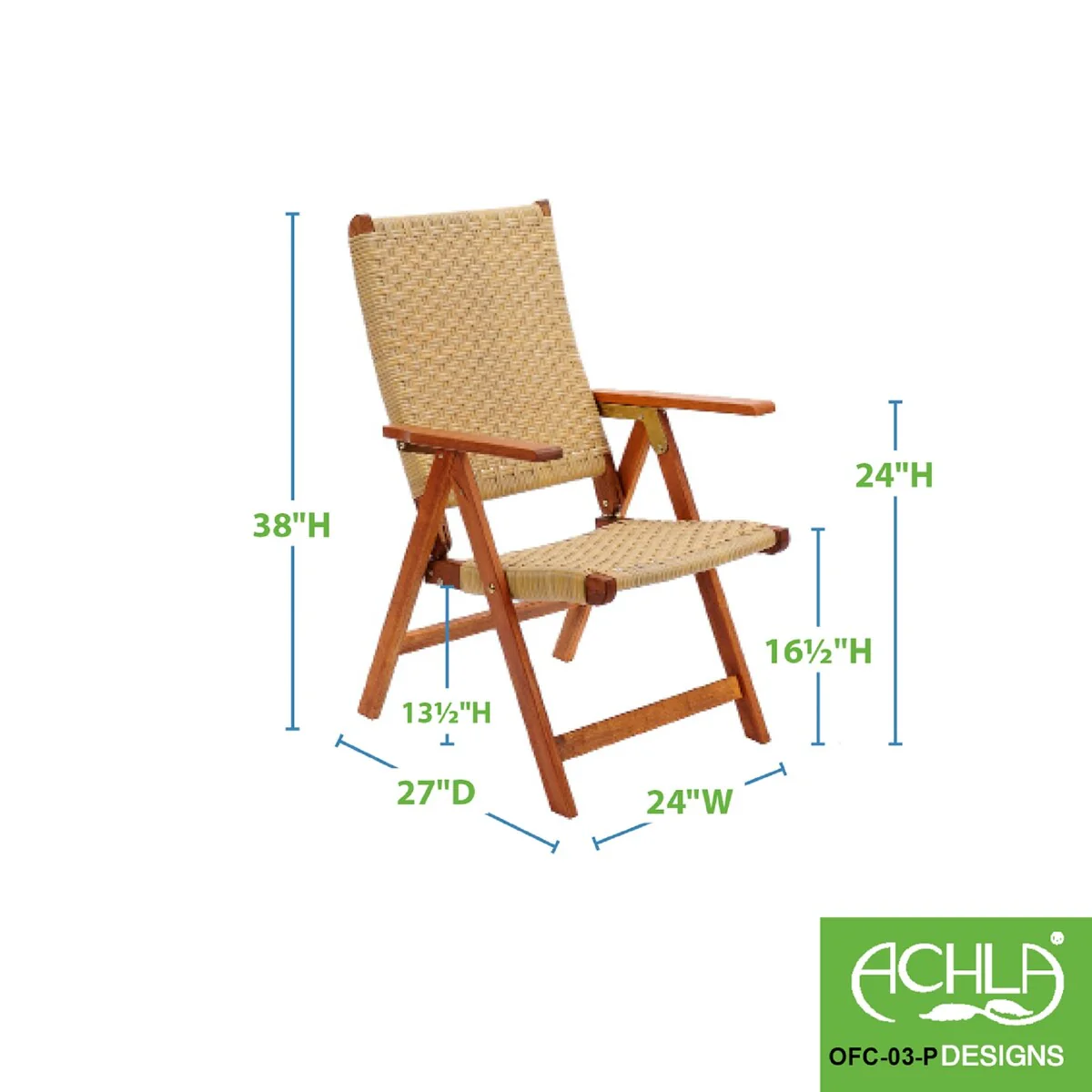 Achla Designs 38H Natural Oil Finish Wooden Indoor/Outdoor Polyweave Folding Chair, Home Patio Garden Seating