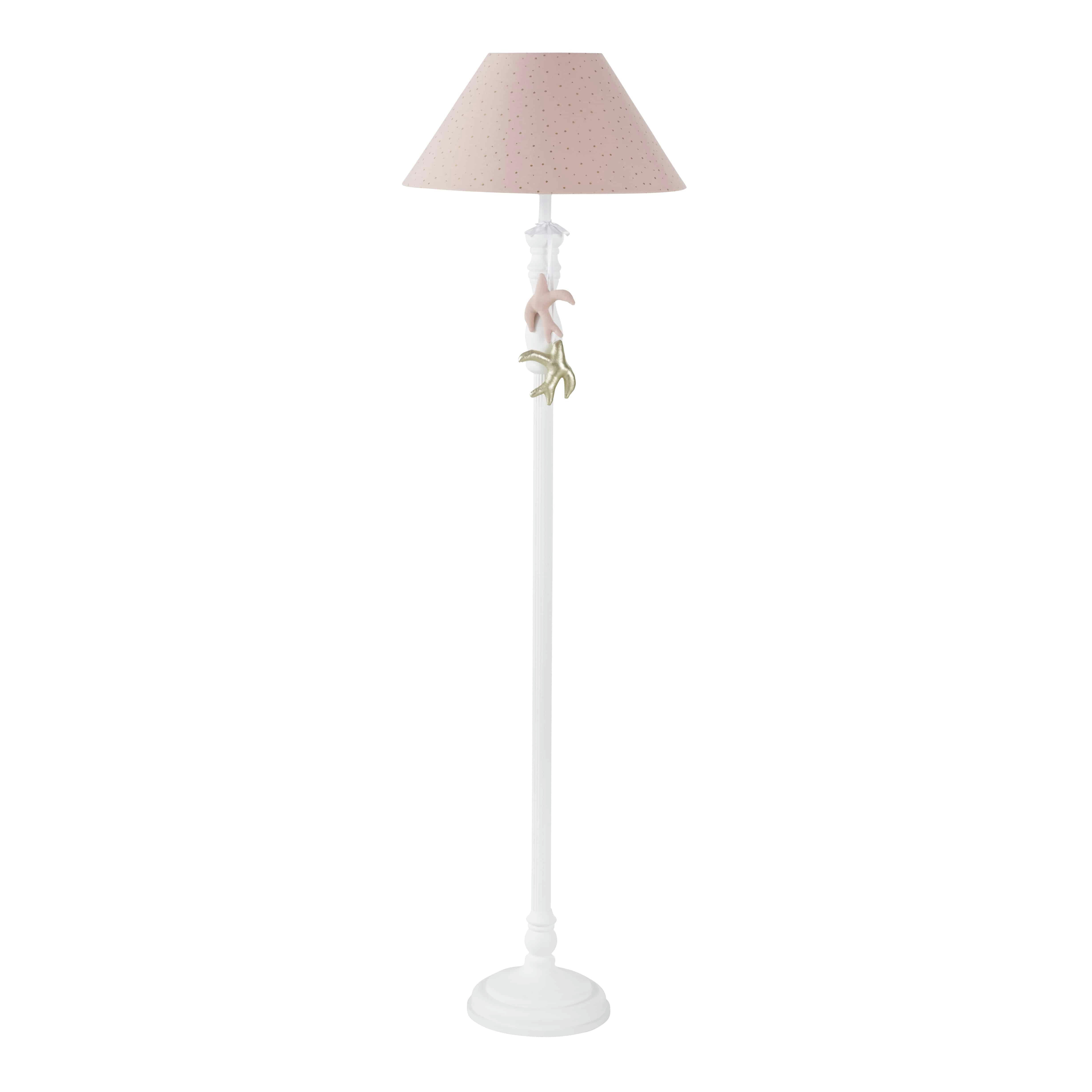 ALICE - Lampadaire blanc avec oiseaux et abat-jour rose H158