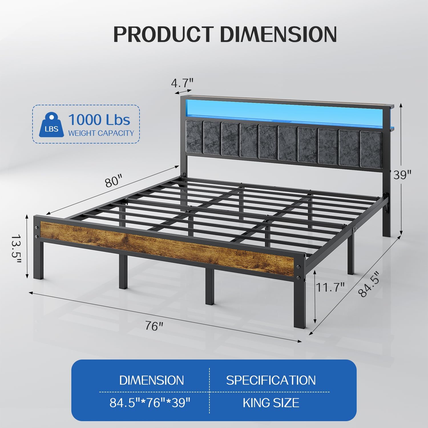 King Size Platform Bed Frame with LED Lights, Grey Upholstered Headboard with 2-Tier Storage Shelves, Charging Station, Noise Free, No Box Spring Needed, Easy Assemably