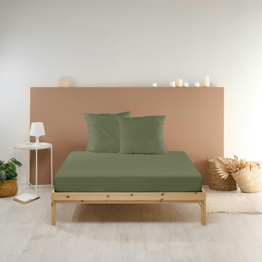 - Drap Housse uni en percale de coton kaki 180x200cm