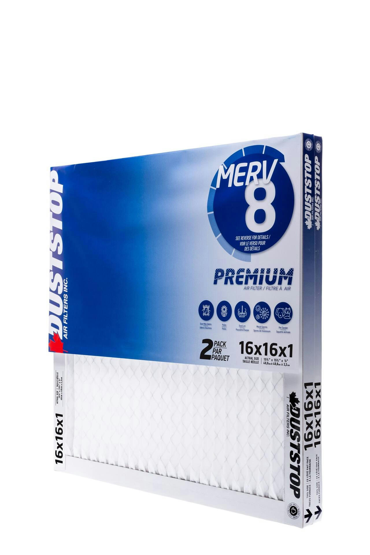 Duststop MERV 8 Premium Filter, 16-in x 16-in x 1-in, 2-pk