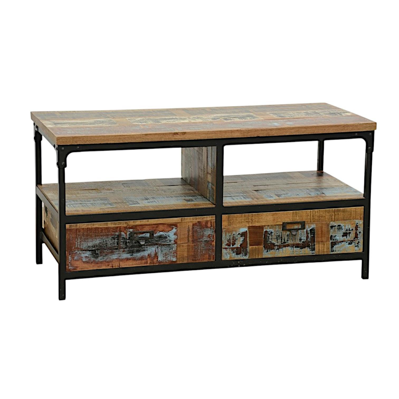 Meuble TV 2 tiroirs, 2 niches ouvertes en Hévéa recyclé coloré et métal 100x45x50cm LOFT COLORS