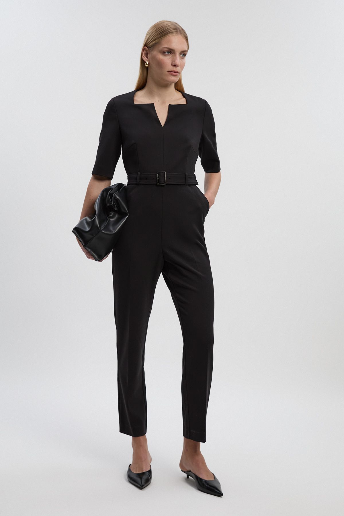 KarenMillen Structured Crepe Forever Notch Neck Belted Tailored Jumpsuit