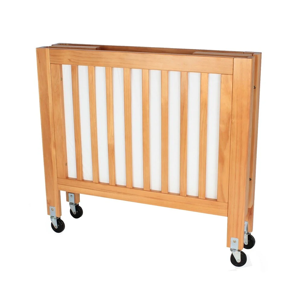 Slatted Wooden Crib with Folding Mechanism and Caster, Natural Brown