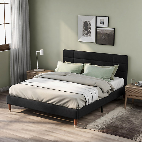 Lit double 140x200 cm - Lit capitonné avec sommier à lattes - Lin - Sans Matelas - Noir