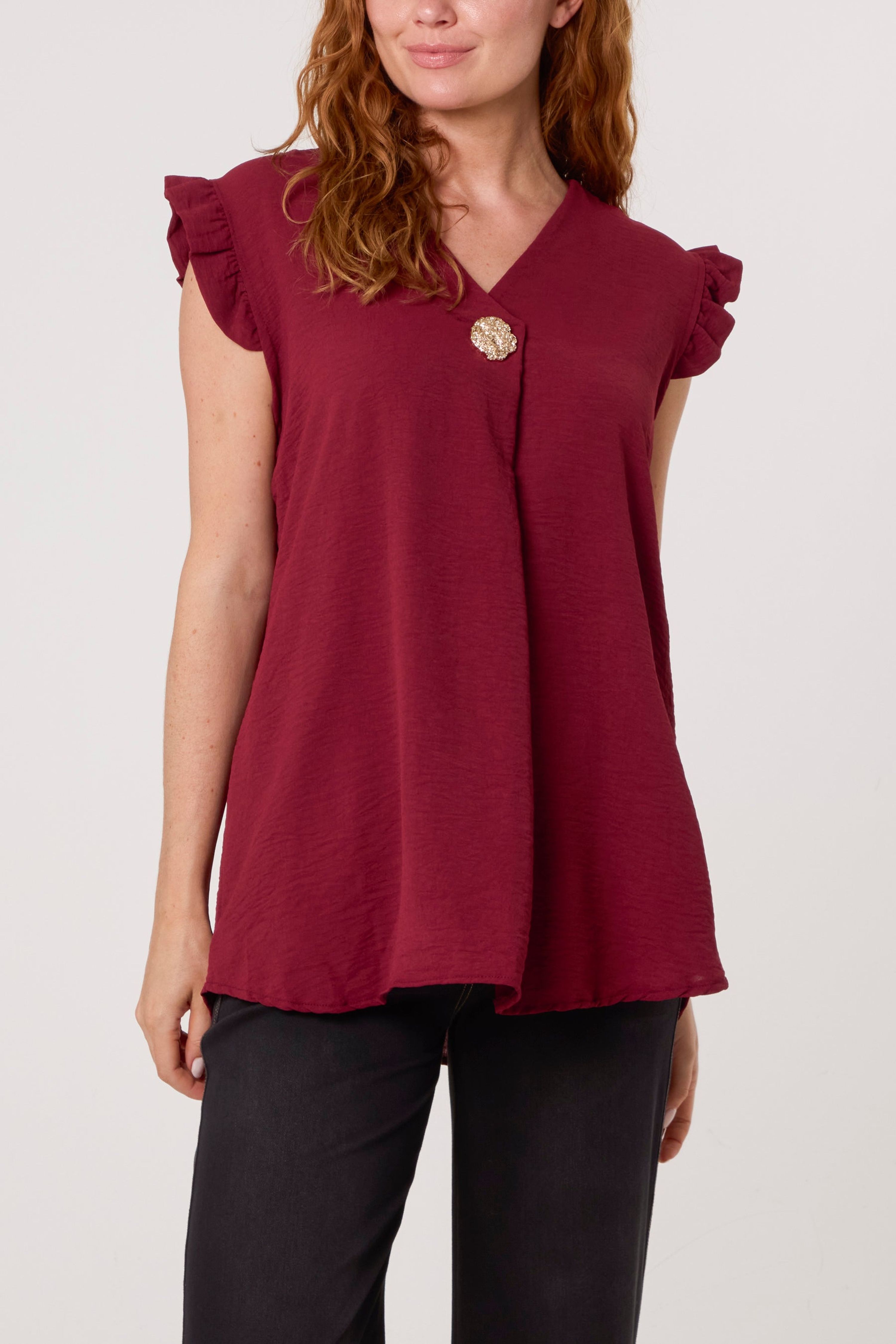 Blue Vanilla Wine Gold Button Detail Frill Top
