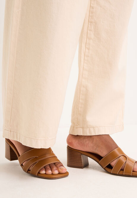 Womens Tan Geo Block Heel Mules