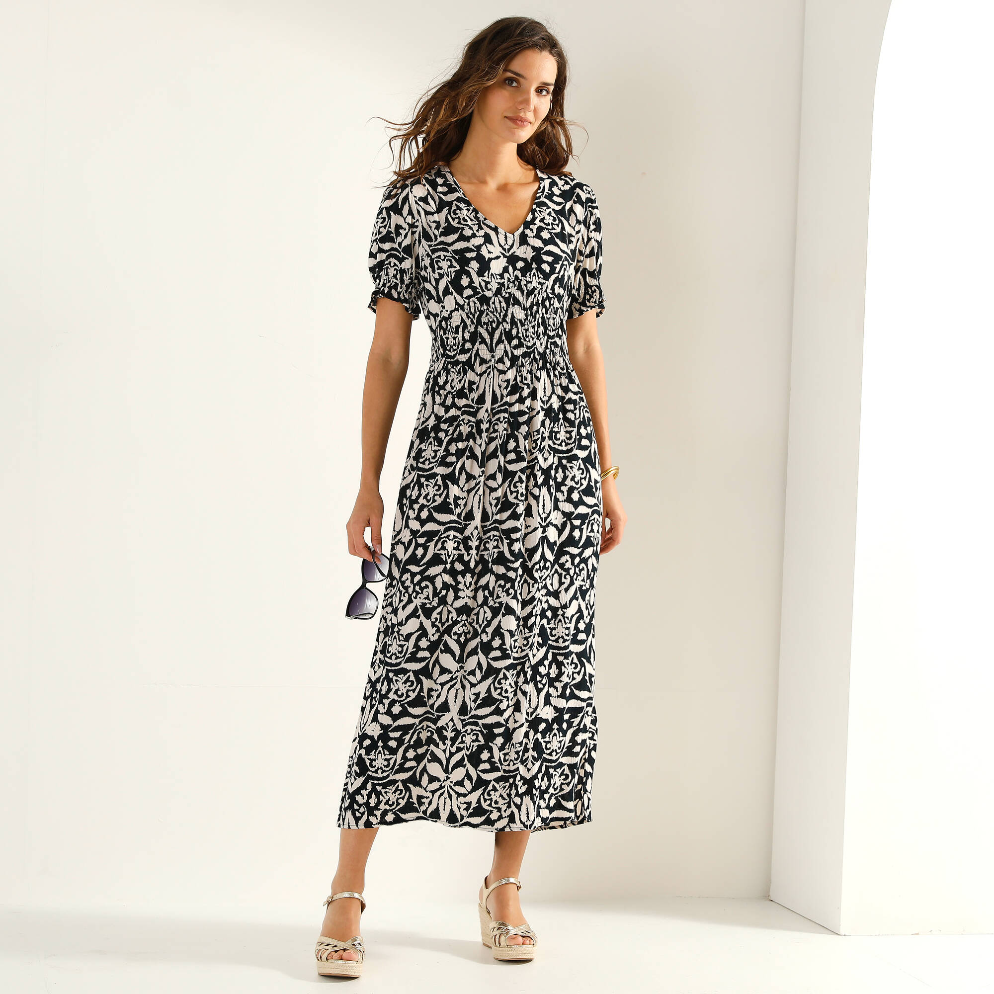 Robe longue manches courtes, crépon imprimé