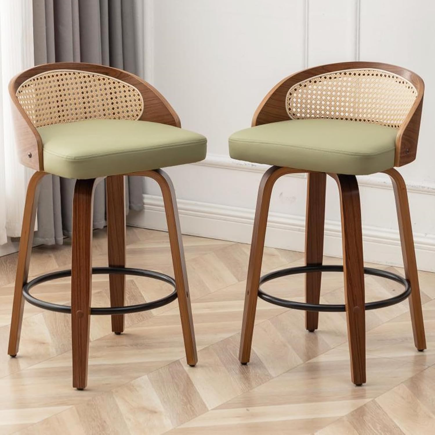 26 Swivel Rattan Bar Stools Set of 2,Mid-Century Modern Green Faux Leather Upholstered Counter Height Stools,Kitchen Island Barstools with Rattan Low Backrest,Walnut Wood Finish Bar Chairs