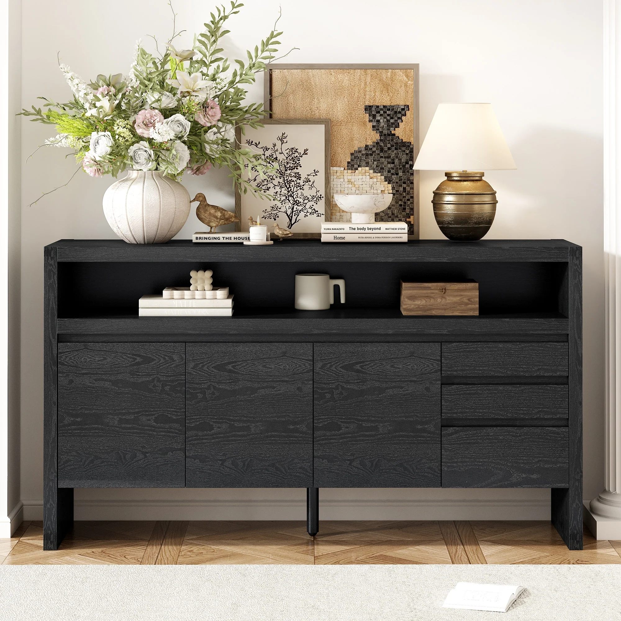 60'' Modern Ash Veneer Sideboard - 3 Doors, 3 Drawers, Semi-Open Shelves & Circular Cutout Back. Ideal for Living Room, Hallway.