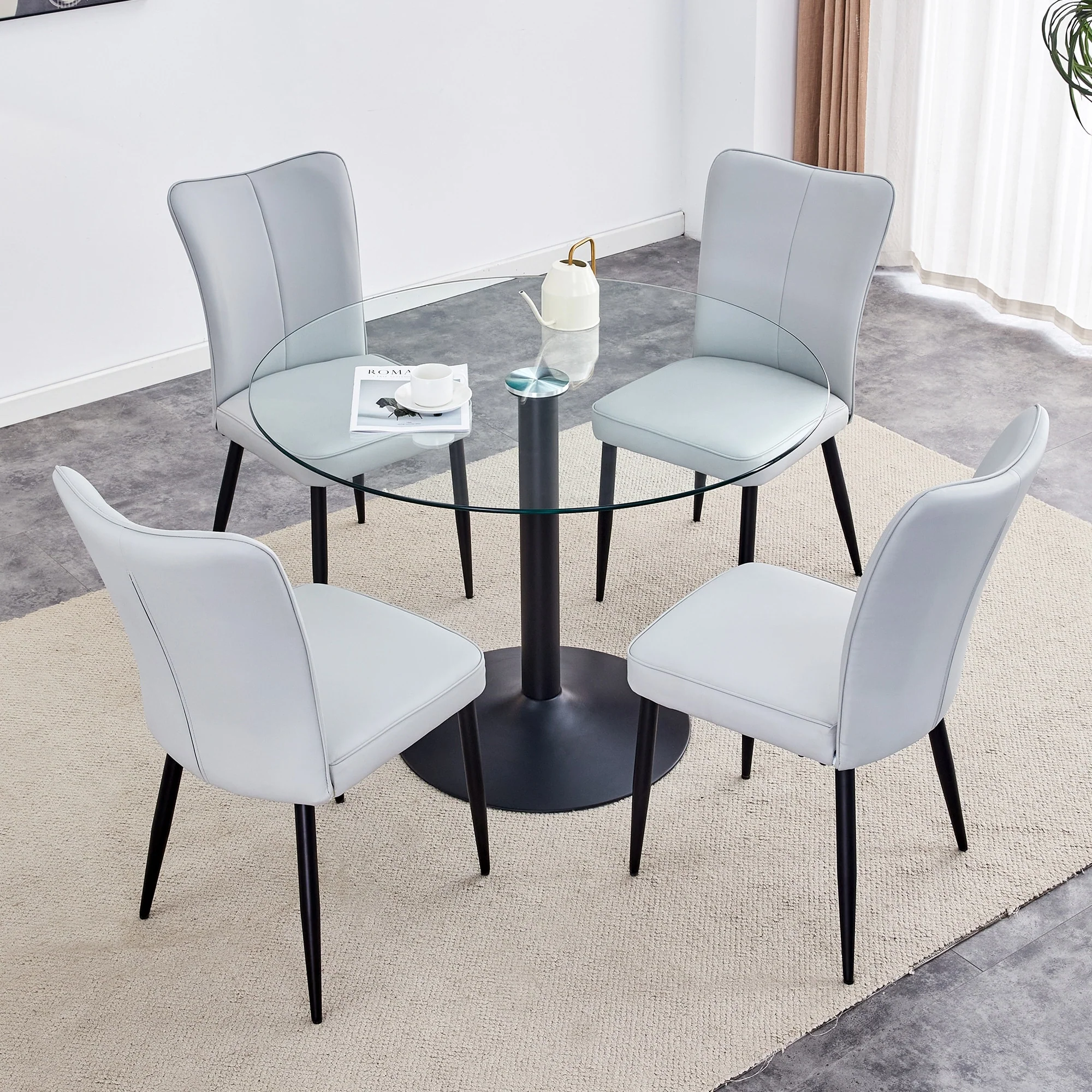 Modern Style Dining Set with Round Transparent Tempered Glass Table and PU Vertical Stripe Dining Chairs