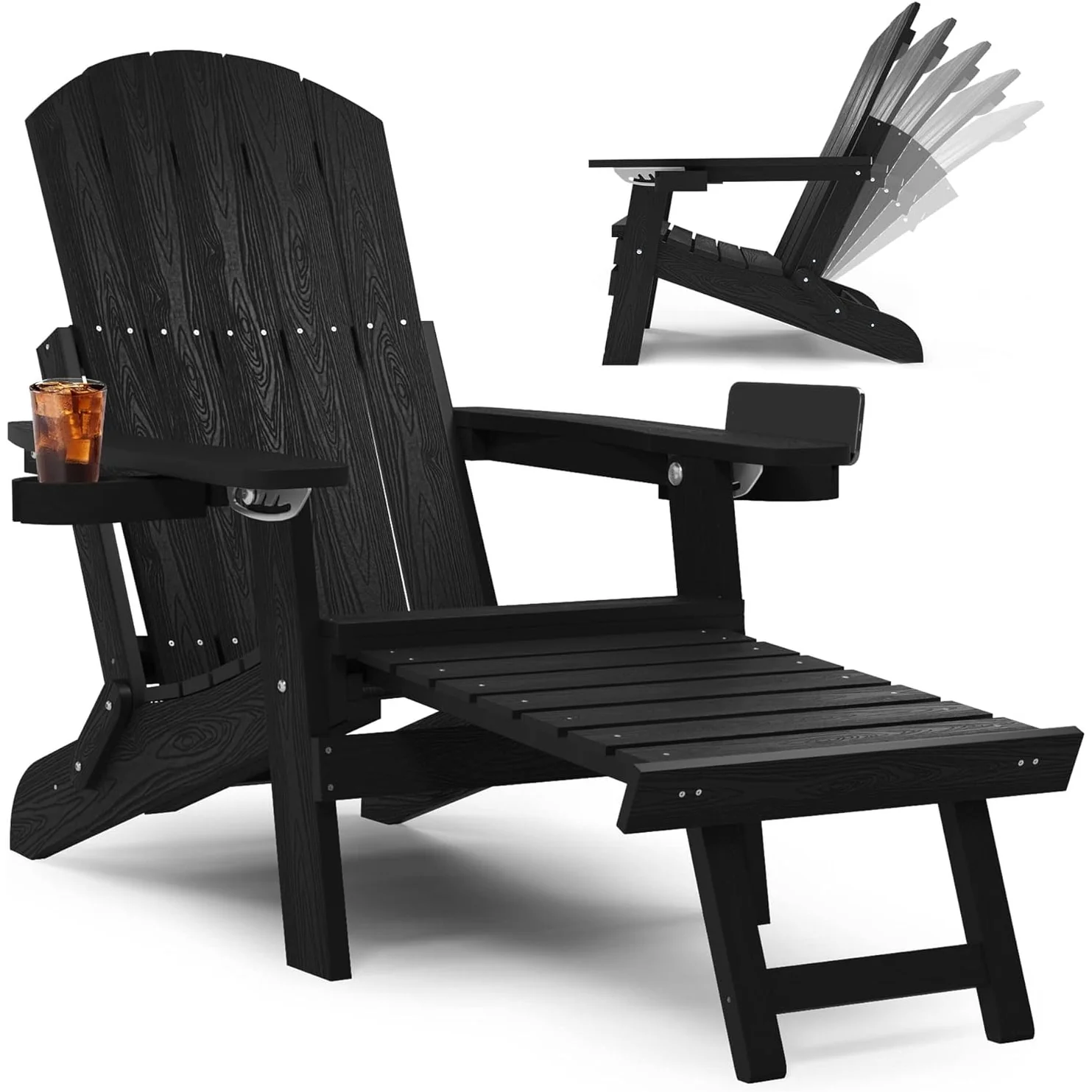 WINSOON All Weather HIPS Folding Adirondack Chair with Adjustable Backrest and Retractable Ottoman