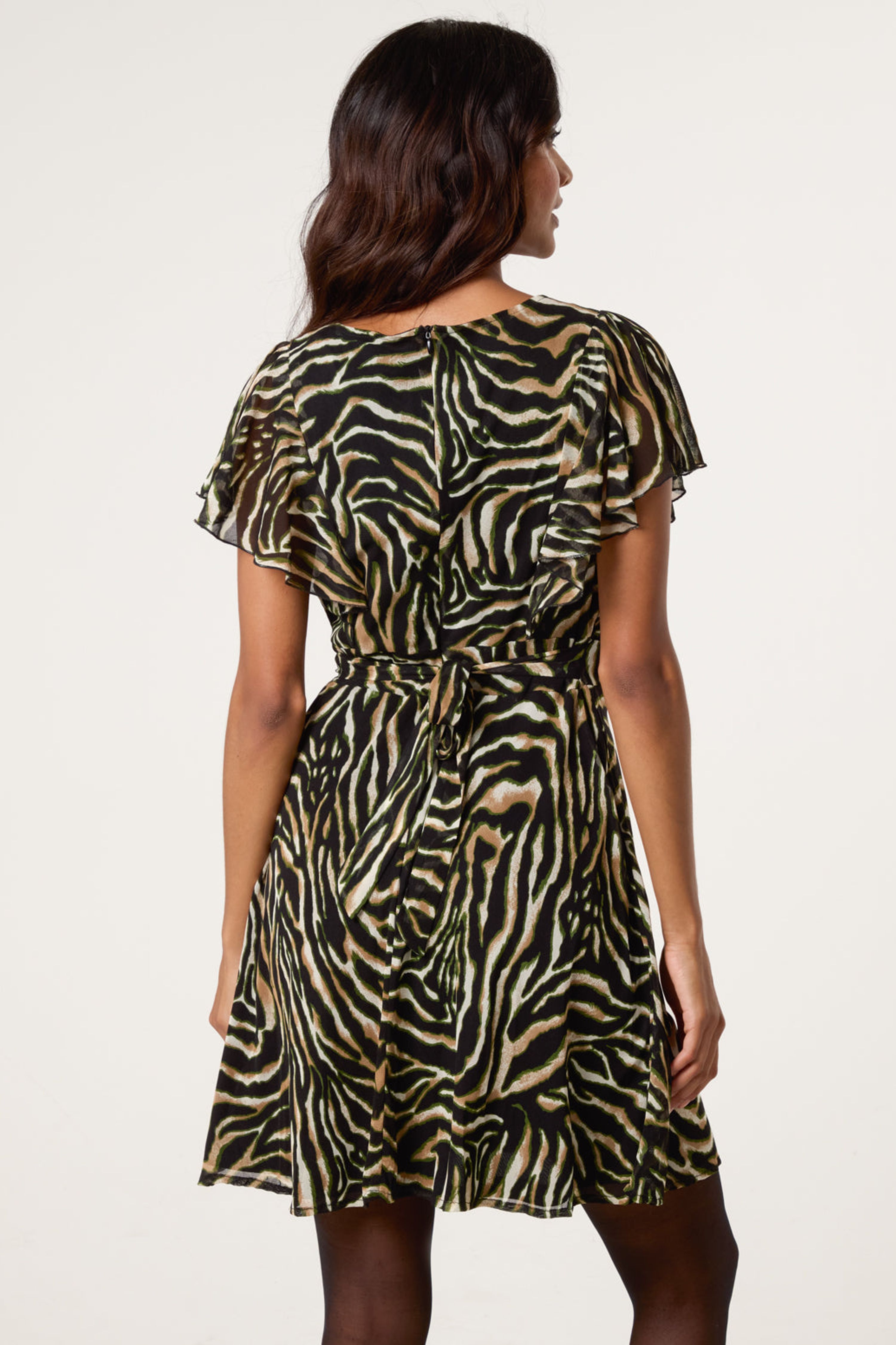 Blue Vanilla Brown Animal Print Frill V Neck Mini Mesh Dress