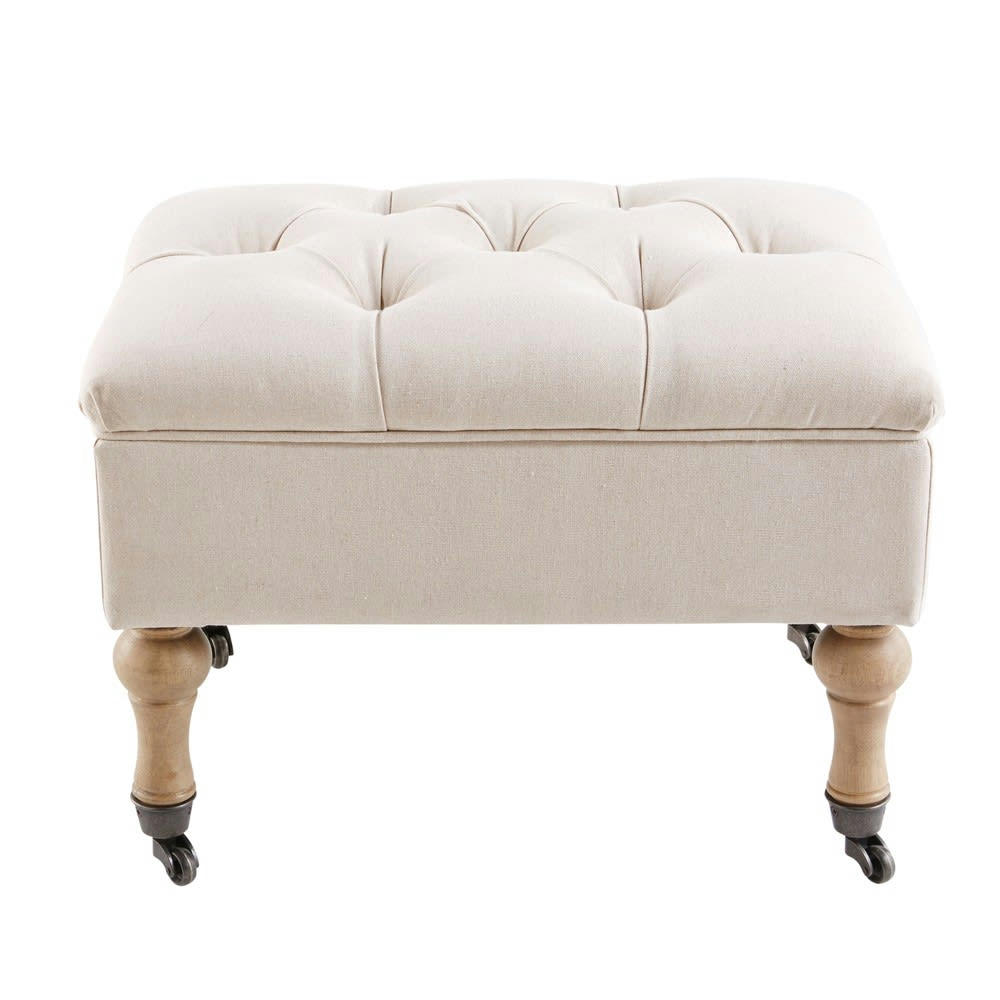 Aristide - Pouf coffre capitonné à roulettes en lin et coton écrus