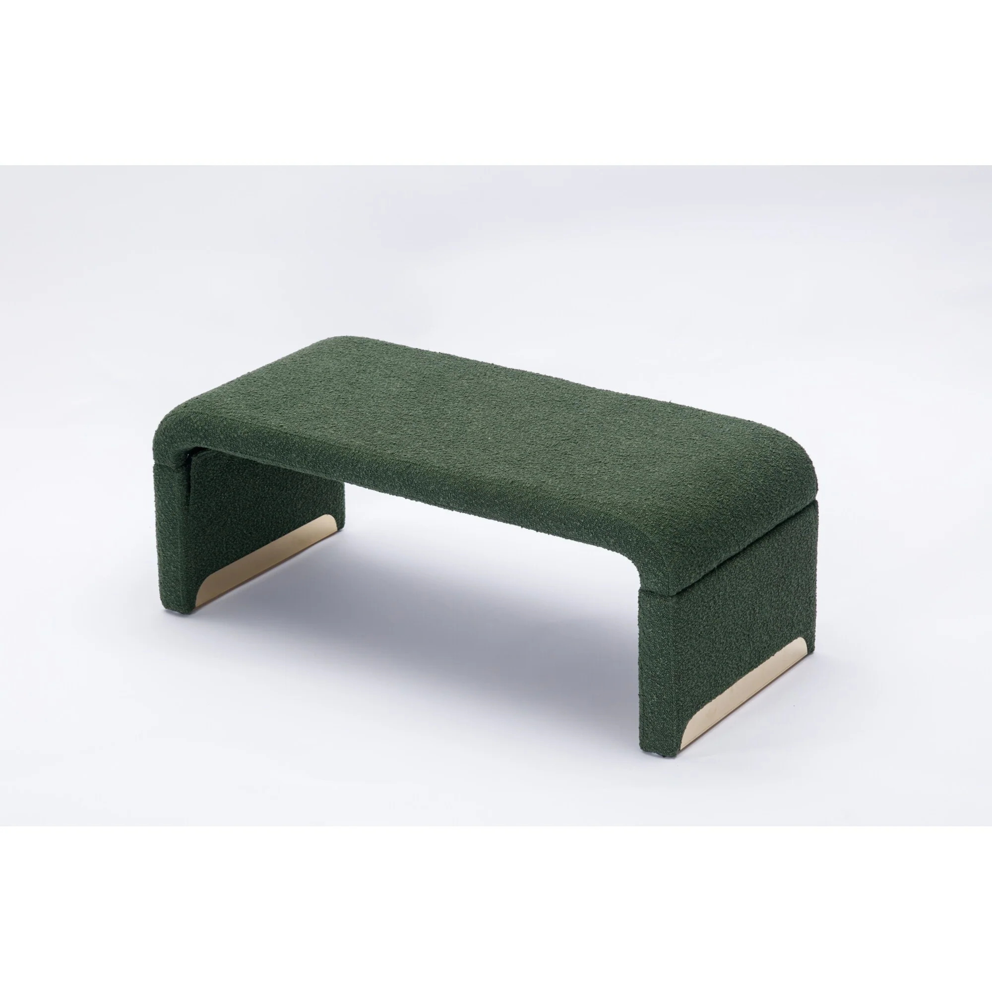 Boucle Fabric Upholstered Bench with Gold Metal Accent, Green