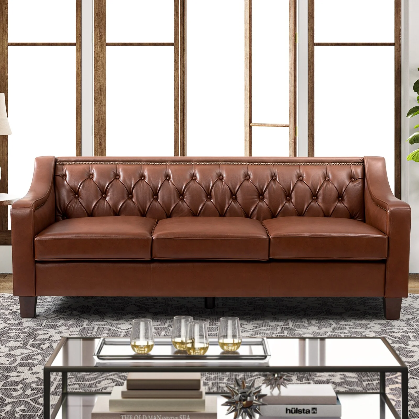 Mateo 82.28 Wide Transitional Genuine Leather Sofa with Nailhead Trim and Button-Tufted Back
