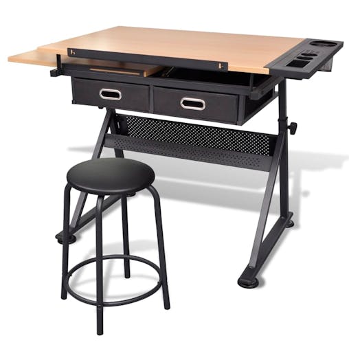 NNEVL Two Drawers Tiltable Tabletop Drawing Table with Stool